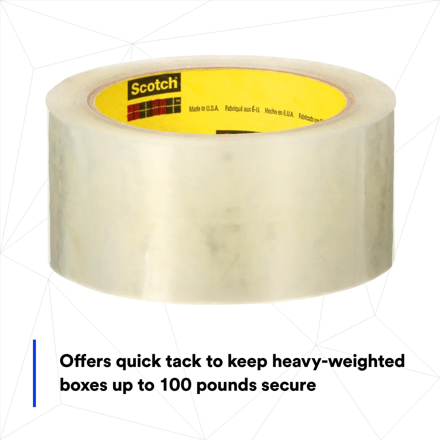 3M Scotch High Tack Box Sealing Tape 375+, Film Backing with Synthetic Rubber Adhesive, Clear Color, 72 mm x 50 m, 24/Case
