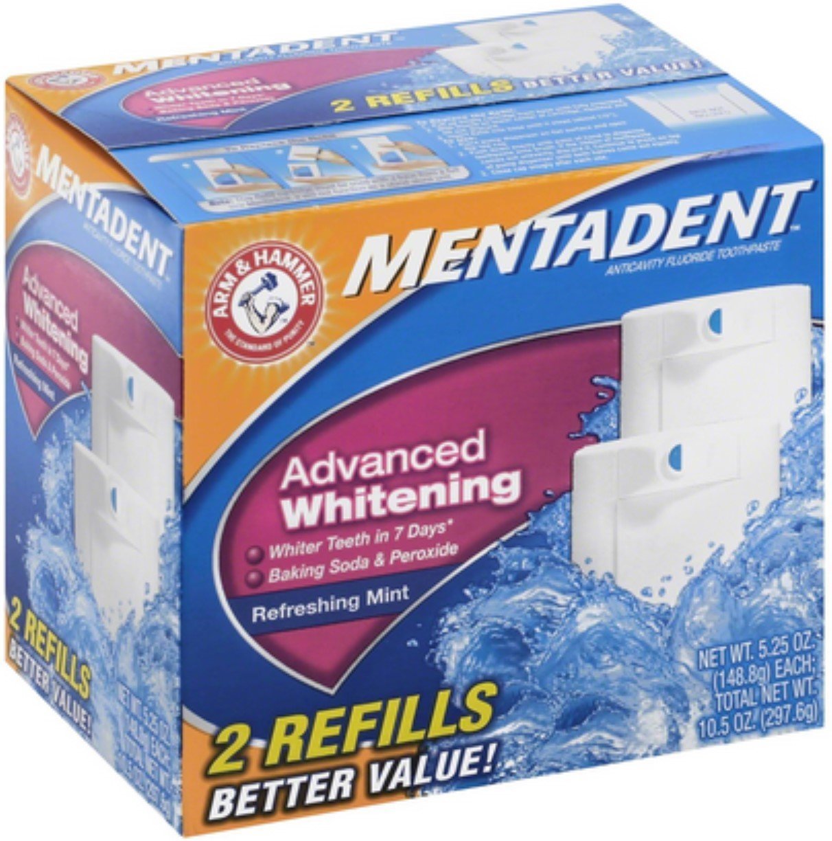 Mentadent Advanced Whitening Refreshing Mint Toothpaste - 2 Refills, 10.50 Ounce (Does Not Include Base)