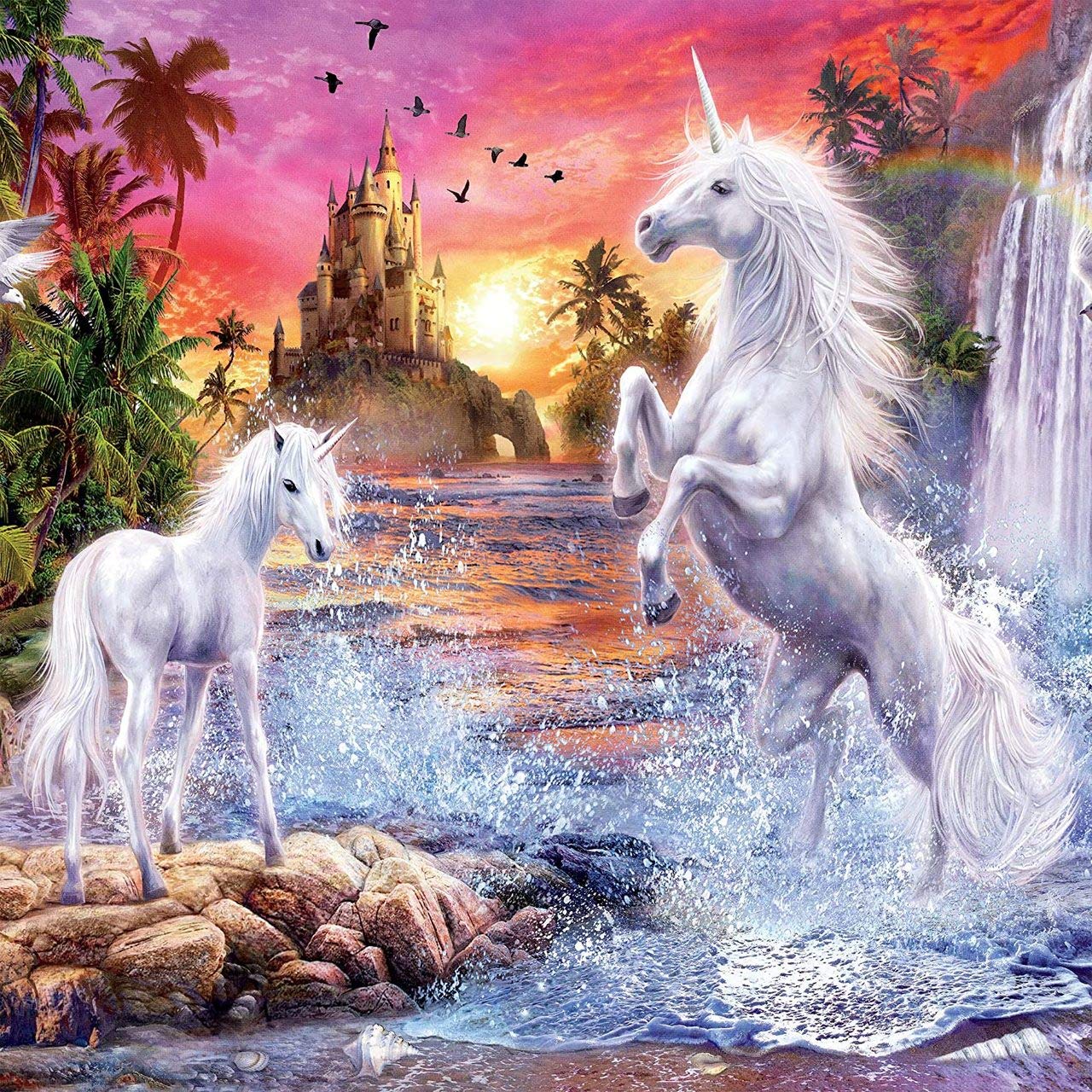 Ceaco - Unicorns Glitter - Unicorn Waterfall Sunset - 100 Piece Jigsaw Puzzle
