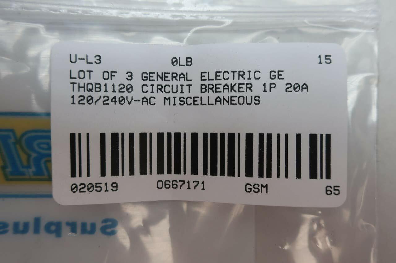LOT of 3 General Electric GE THQB1120 Circuit Breaker 1P 20A 120/240V-AC