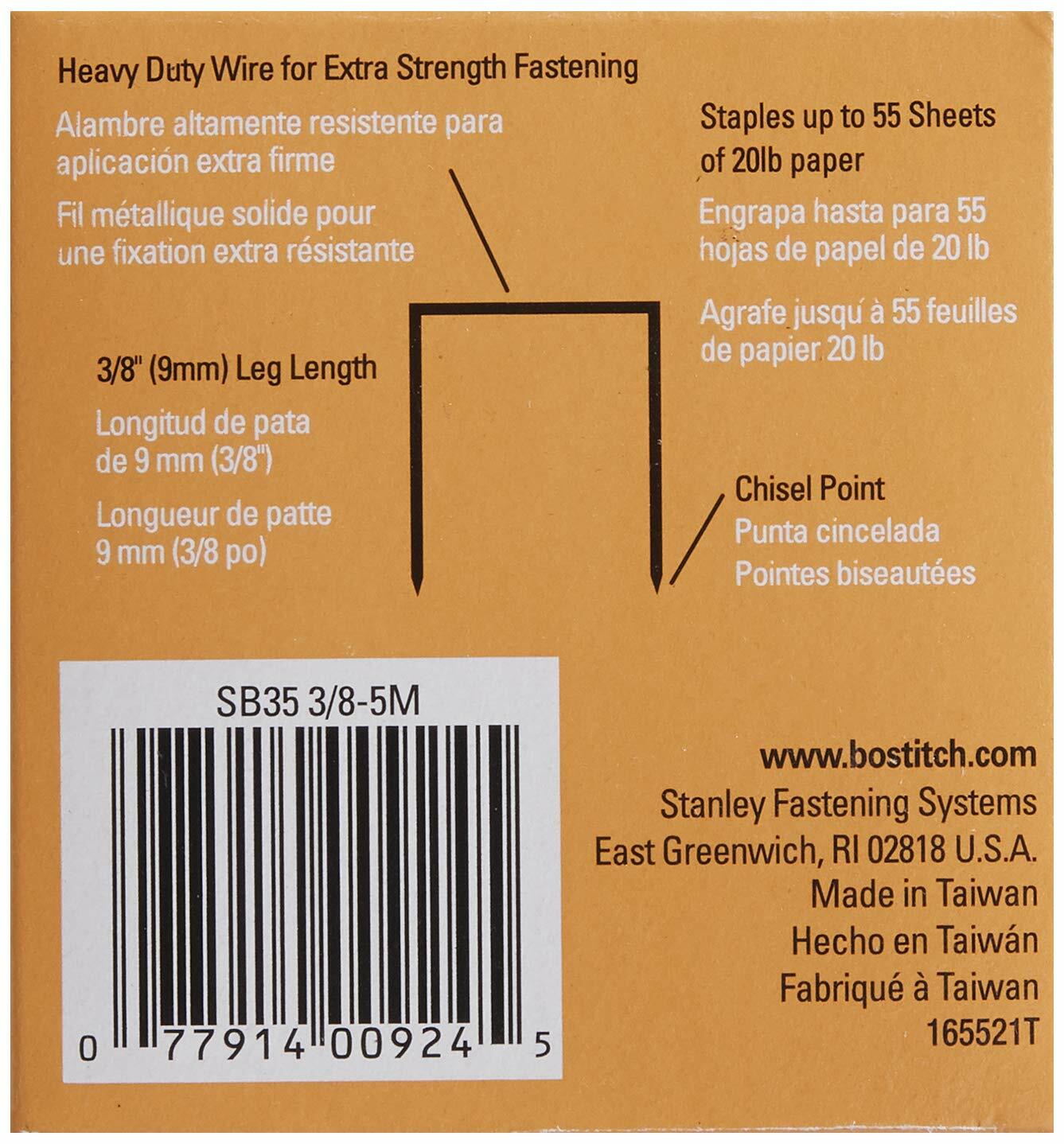 Bostitch Heavy Duty Premium Staples, 25-55 Sheets, 0.375 Inch Leg, 5,000 Per Box (SB353/8-5M)