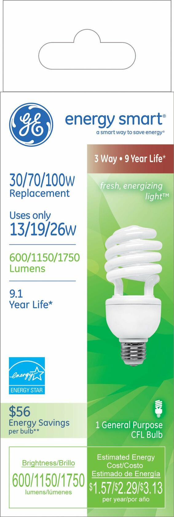 GE 77123 13/19/26-Watt 600/1150/1750-Lumen General Purpose T3 Spiral CFL Bulb, Soft White