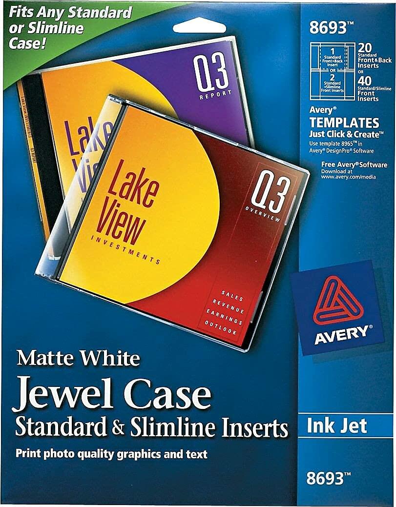Avery 8693 Inkjet Cd/Dvd Jewel Case Inserts, Matte White, 20/Pack