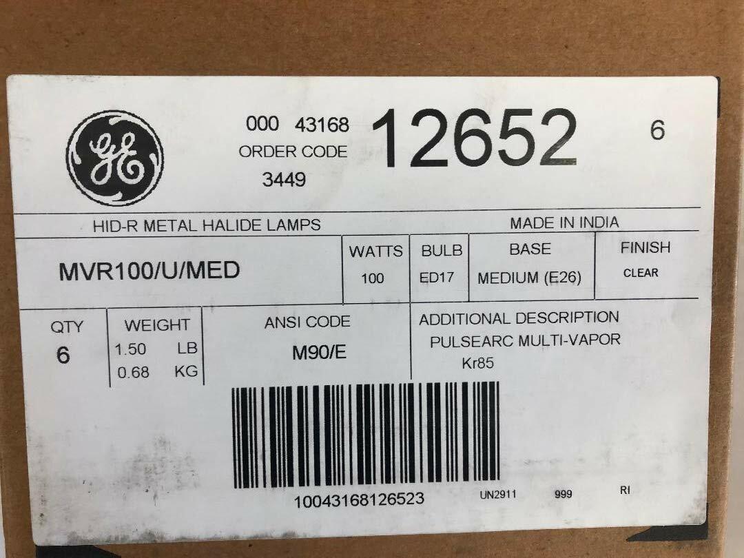 GE 6 Pieces 12652 MVR100/U/MED 100 Watt Clear Metal Halide BD17 E26 Base Medium Screw 4000K M90