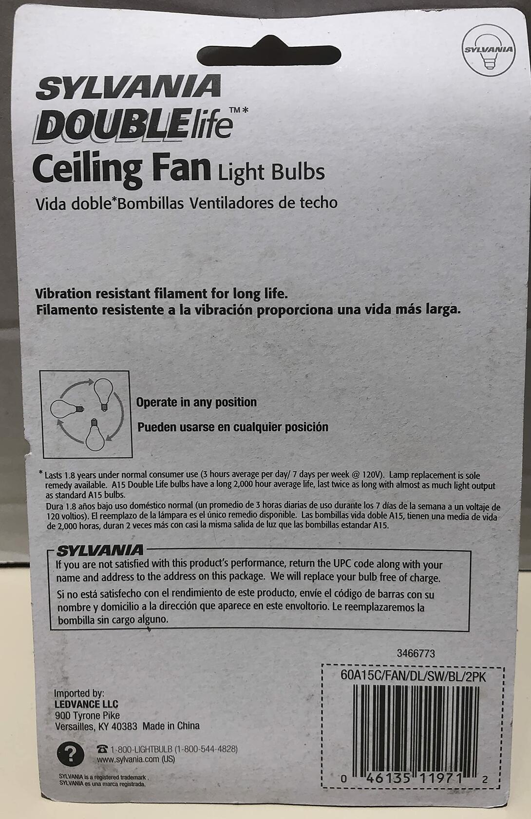 Sylvania 60W A15 Ceiling Fan White Light Bulb Double Life with Candelabra Base, 2 Pack