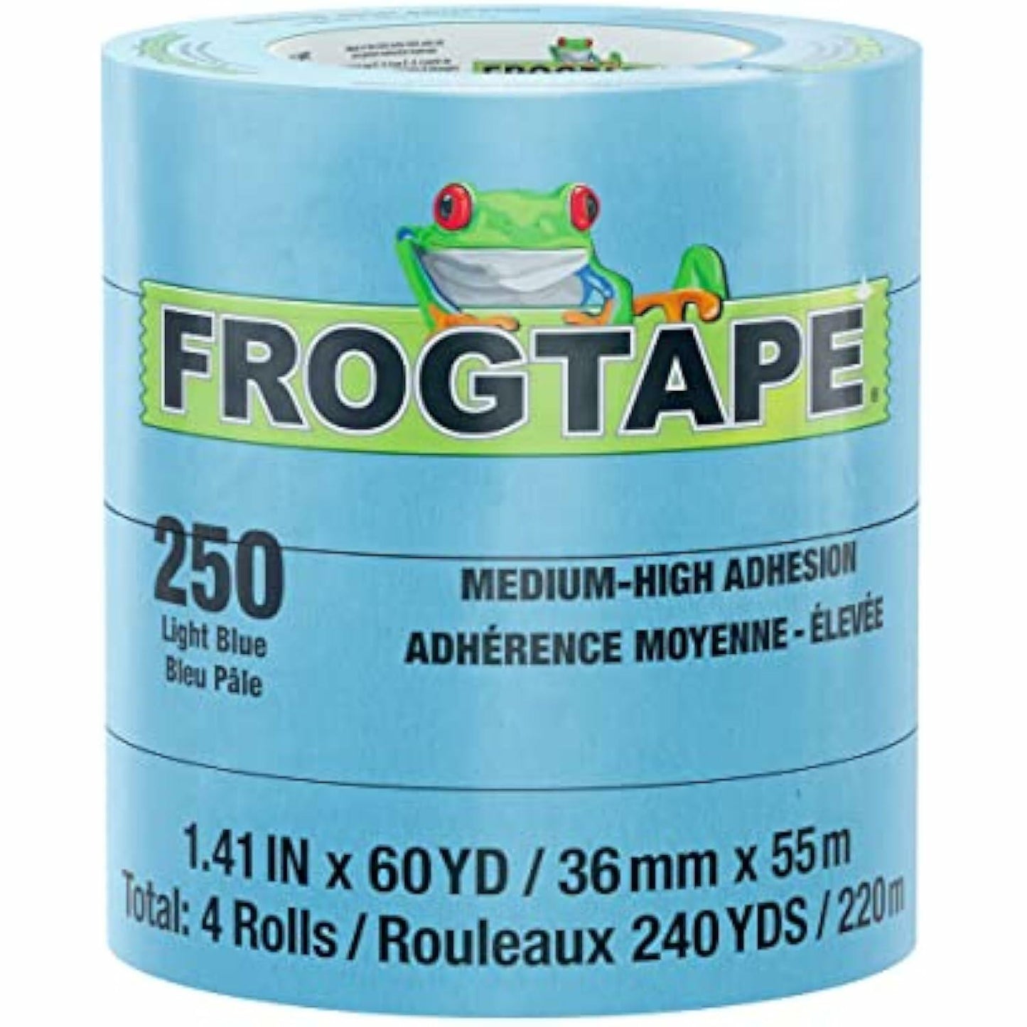 FrogTape 250 Light Blue Moderate Temperature Performance Grade Masking Tape, Medium-High Adhesion, 36mm x 55m, 4 Rolls per Pack (105328)