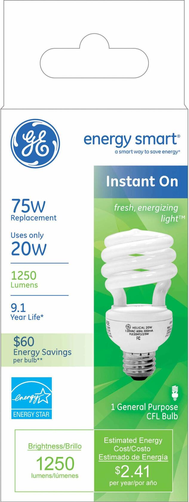 GE 74200 20-Watt Energy Smart CFL Light Bulb, 75-Watt Output