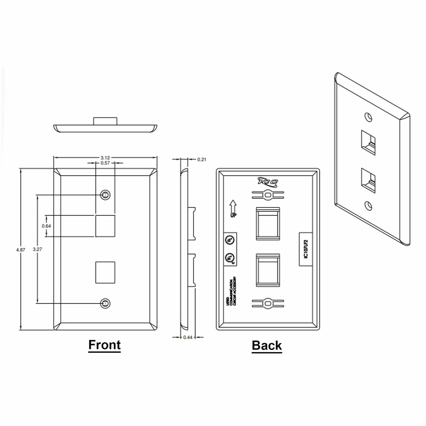 ICC Classic Oversized Faceplate with 2 Ports in Single Gang, White, Single