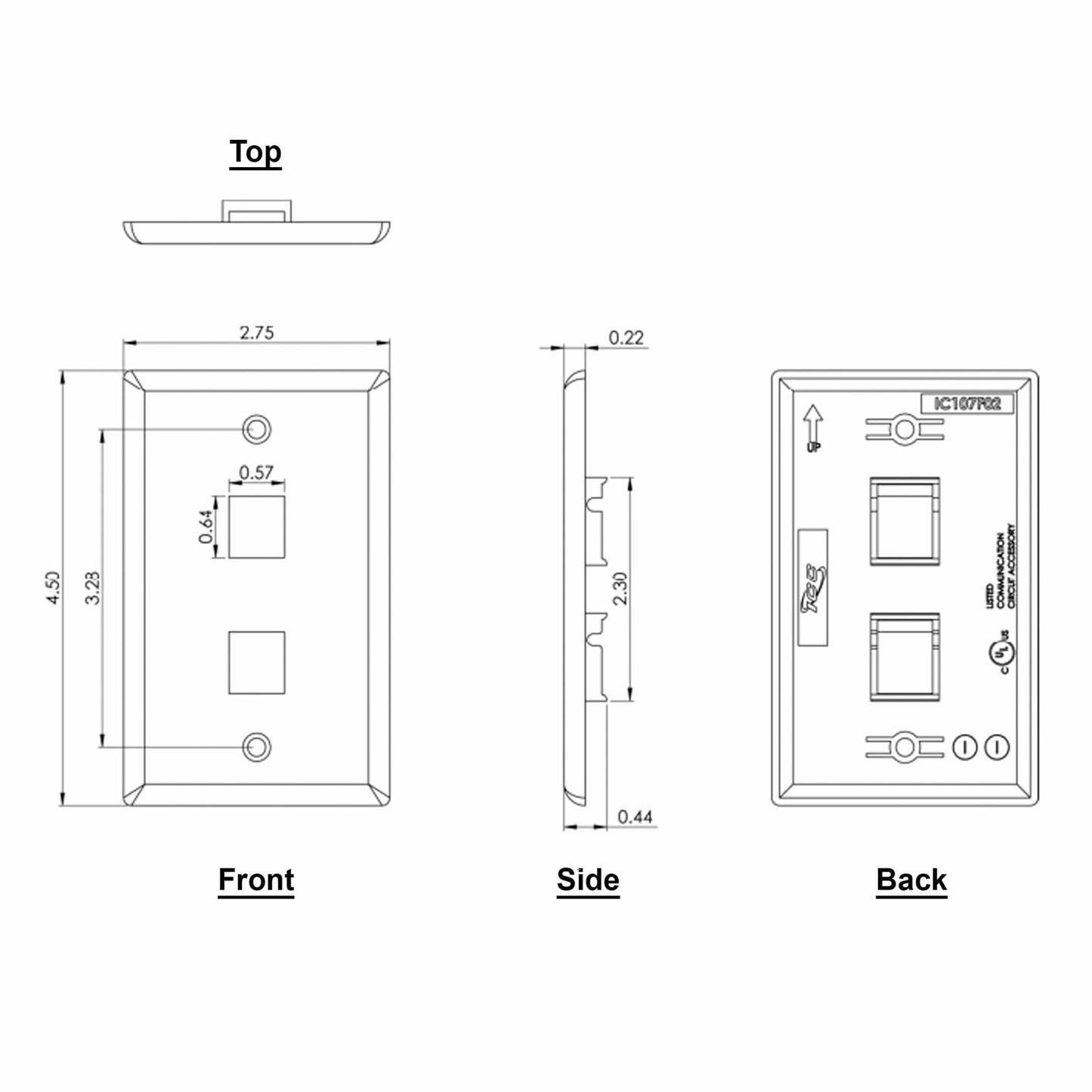 ICC 2-Port Faceplate for Keystone Connectors, Single Gang Outlet Box, Wall Plate for Networking and Home Installations, Durable and Easy to Install, Black, Single