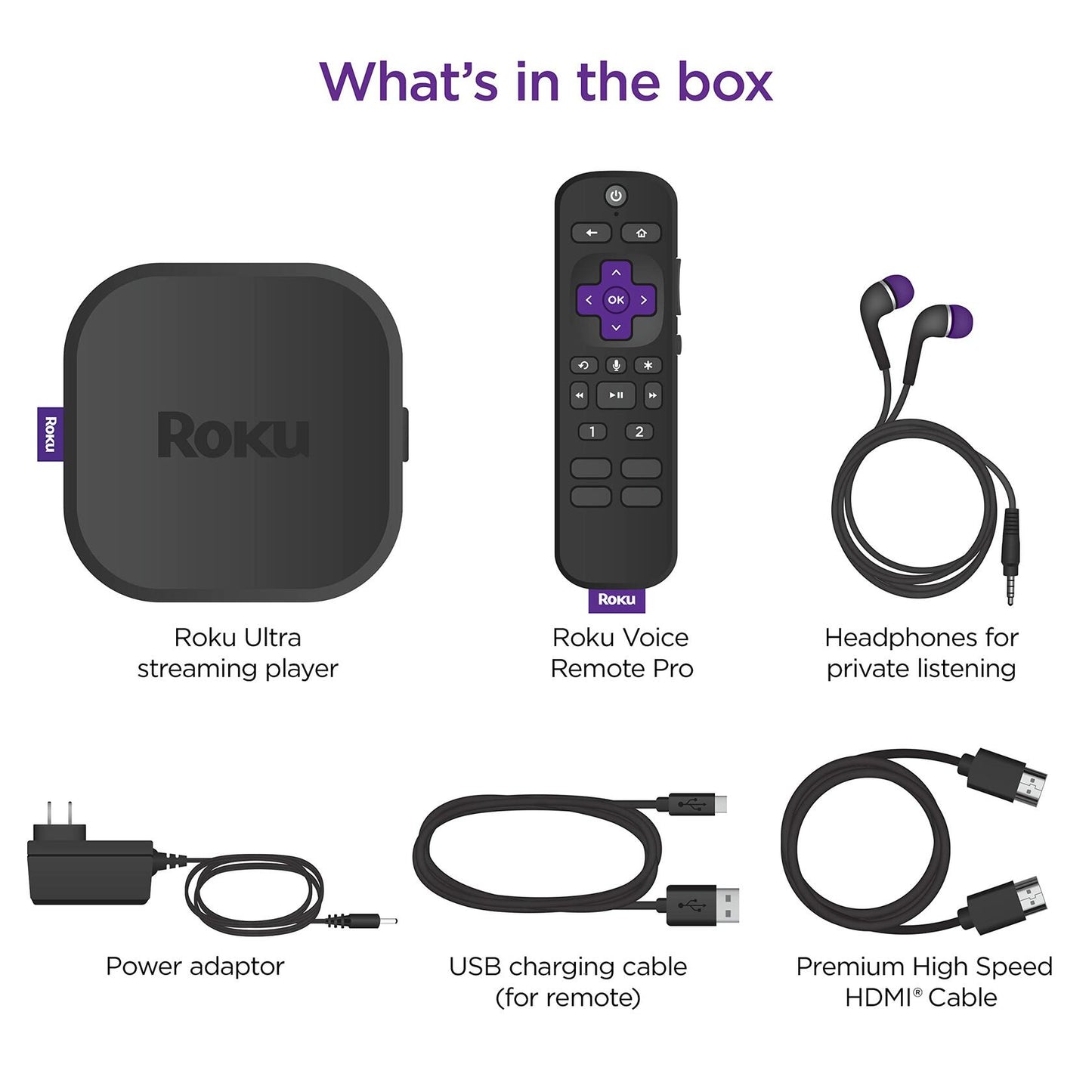 Roku Ultra 4K/HDR/Dolby Vision Streaming Device and Roku Voice Remote Pro with Rechargeable Battery, Hands-Free Voice Controls, Lost Remote Finder, and Private Listening, Black