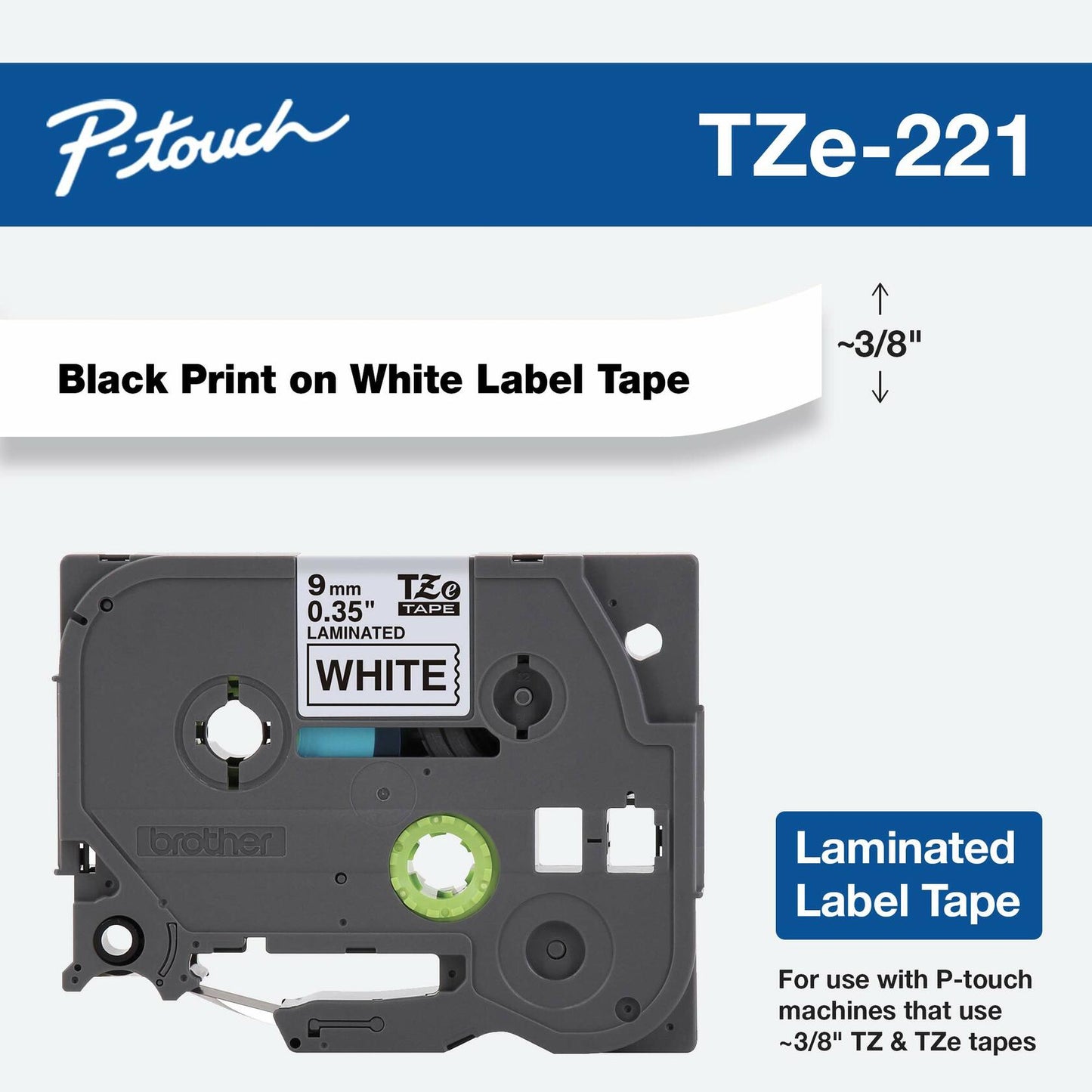 Brother(R) TZe-221 Black-On-White Tape, 0.38in. x 26.2ft., BRTTZ221