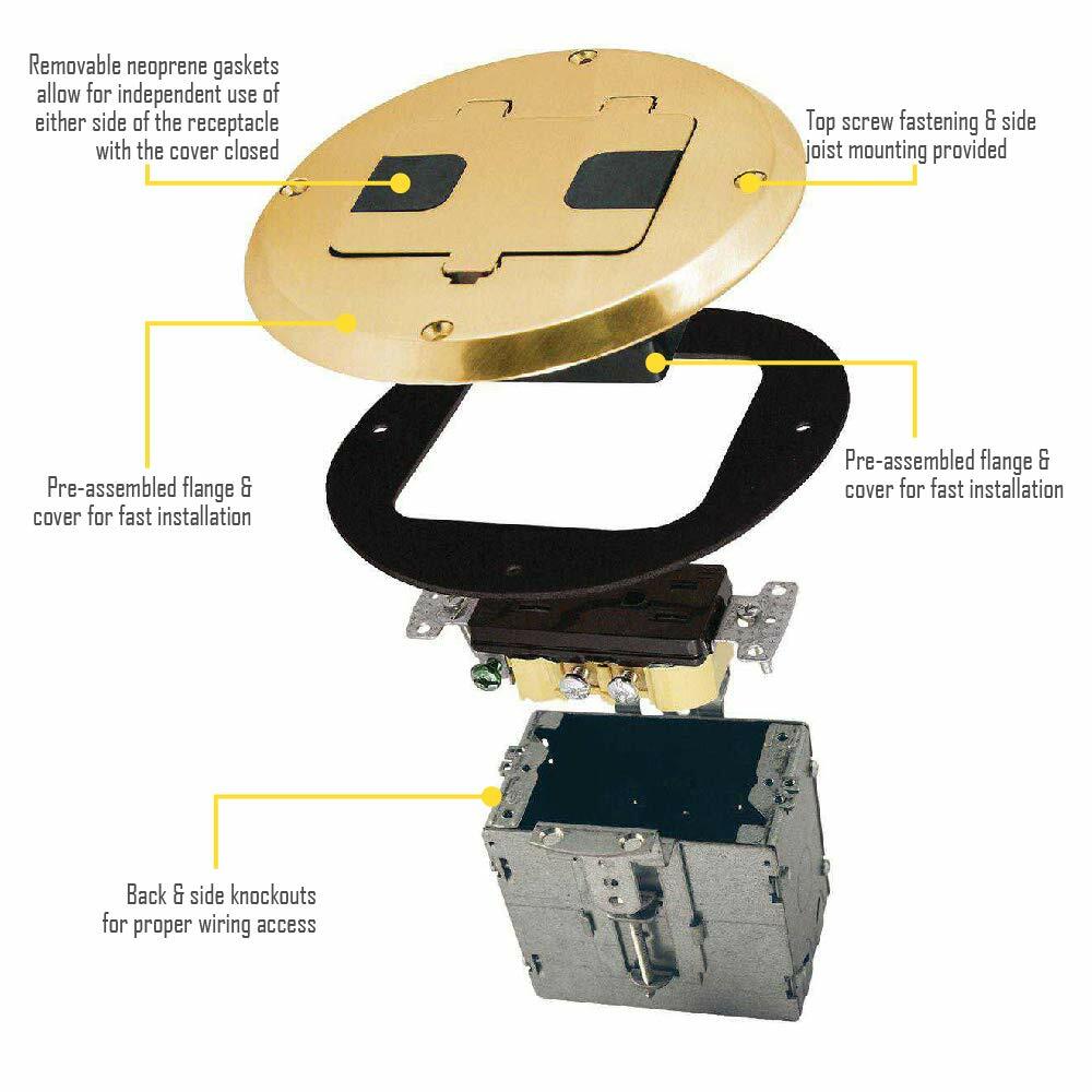 Hubbell-Raco 6239 Floor Kit with Recessed Duplex 15A TR Device and Adjustable Steel Box, 1-Gang, Brass