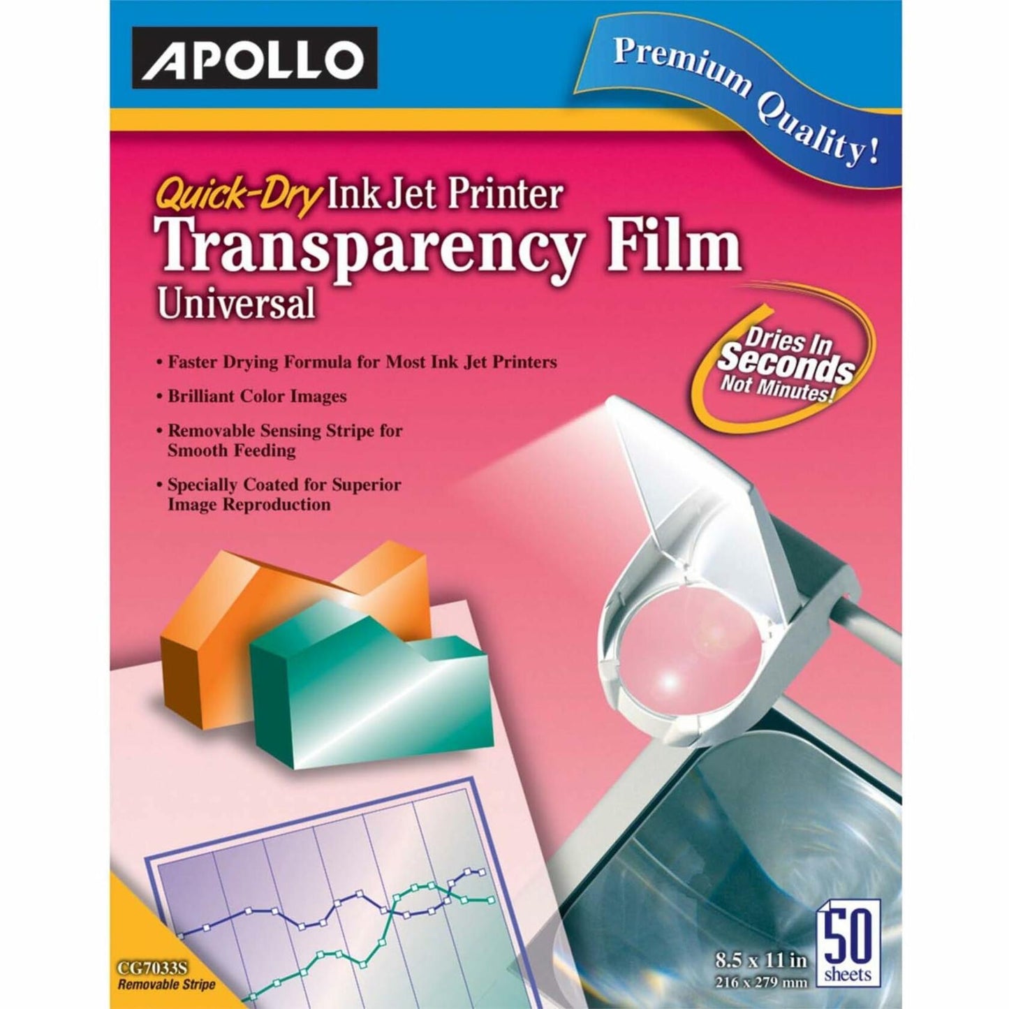 Apollo Transparency Film for Inkjet Printers, Universal, Quick Dry, 50 Sheets/Pack (VCG7033S)