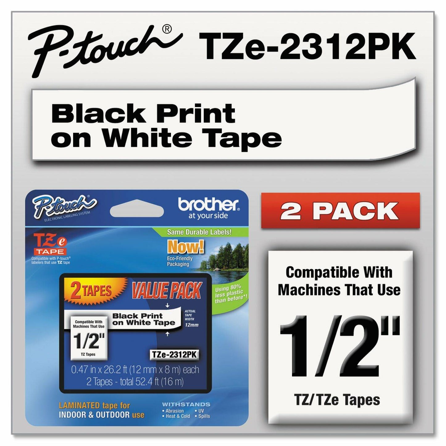 Brother TZE2312PK Laminated Labeling Tape,For TZ Models,1/2-Inch ,2/PK,Black/White