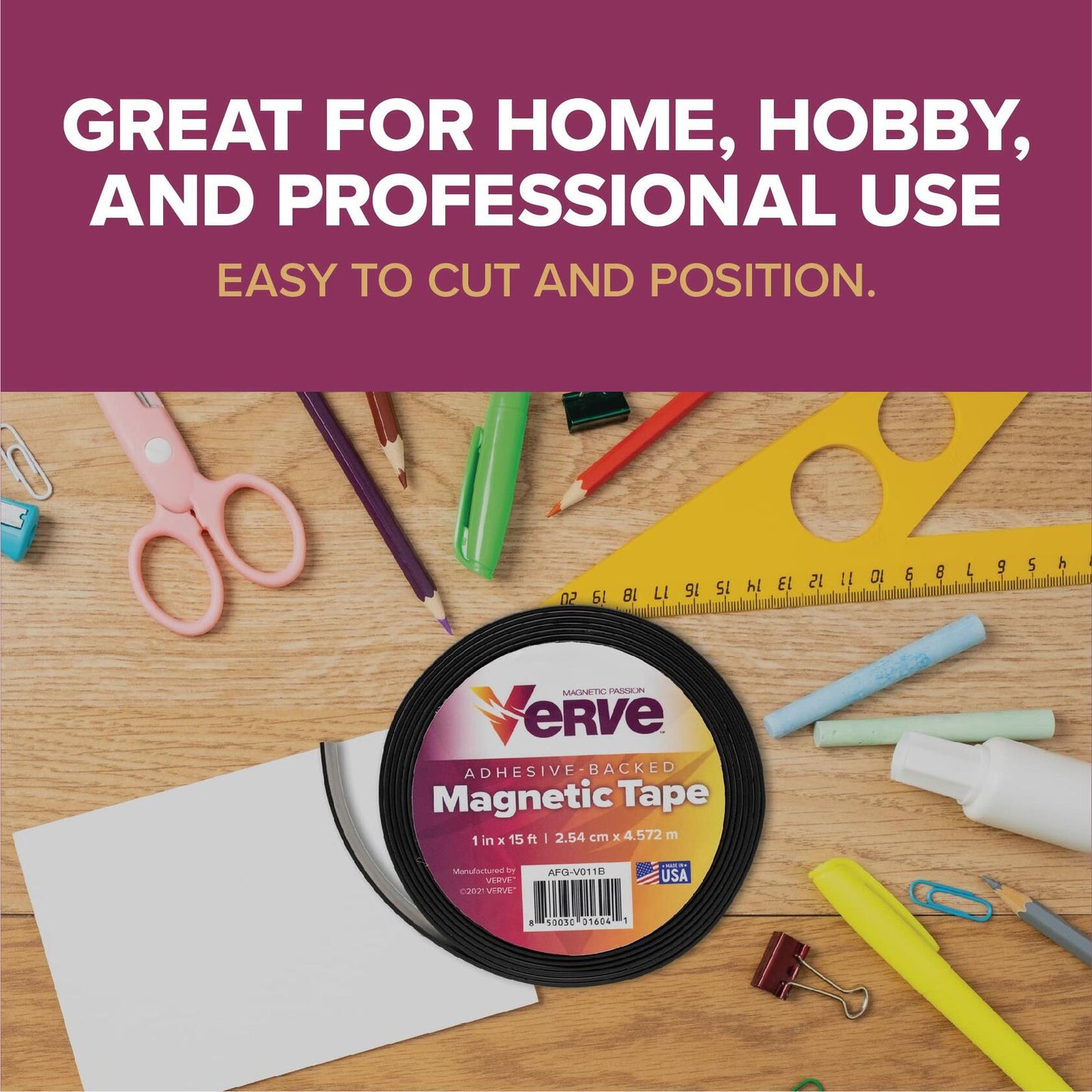 Verve Flexible Magnetic Tape,1 inch x 15 Feet Strong Magnetic Strip with Adhesive Backing and Indoor Rubber, Magnetic Tape Roll for Crafts, DIY Projects, Home Use, and Office Use