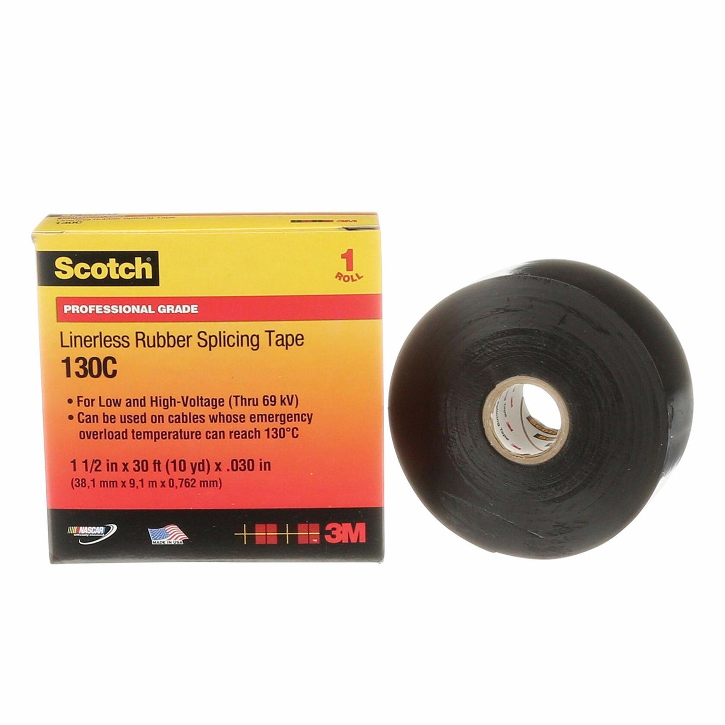 3M Scotch Linerless Electrical Splicing Tape 130C for Wires and Cables, 1-1/2 in x 30 ft, Rubber Backing, Self Fusing, UV Resistance, Highly Conformable, Moisture Seal, Black, 1 Roll