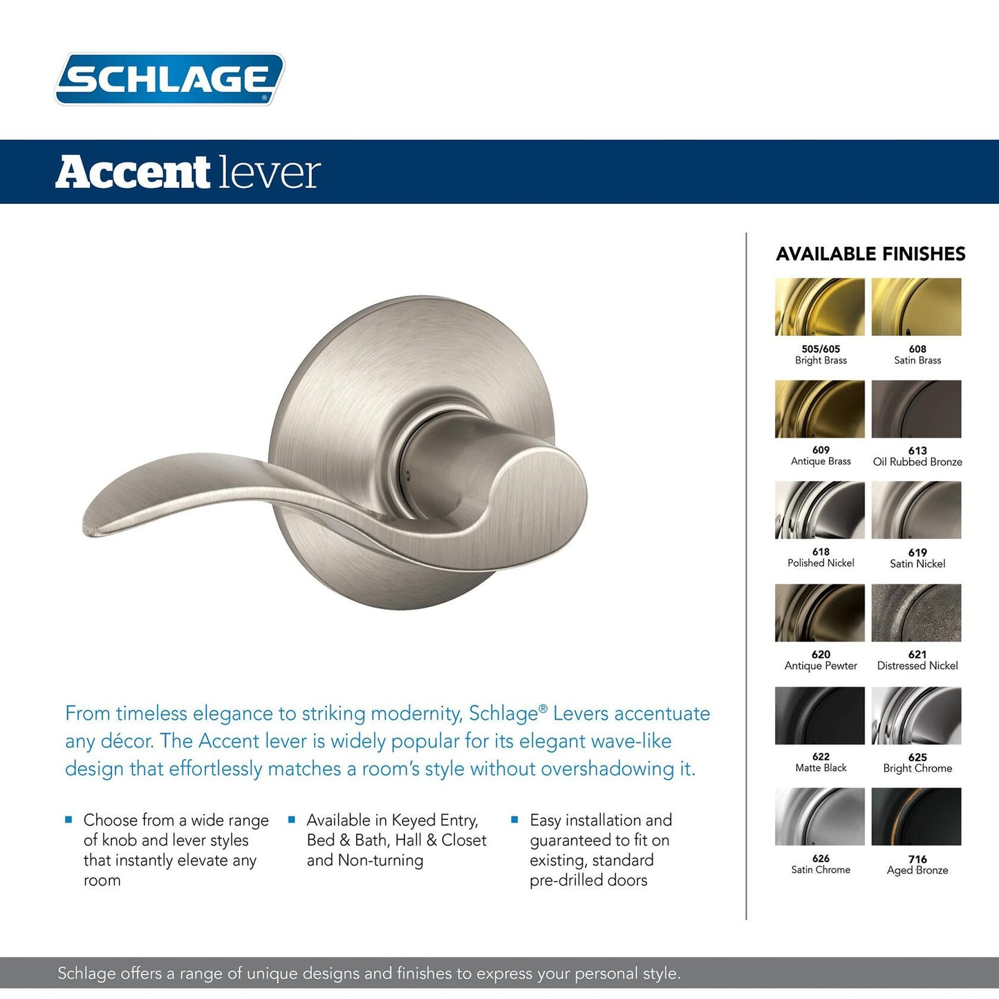 SCHLAGE Accent Lever with Addison Trim Non-Turning Lock in Aged Bronze - Right Handed - F170 ACC 716 ADD RH