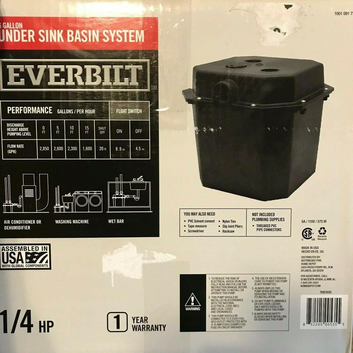 Everbilt Commercial Pumps 0.25 Hp Pre-plumbed Sink Tray System Sump Pump