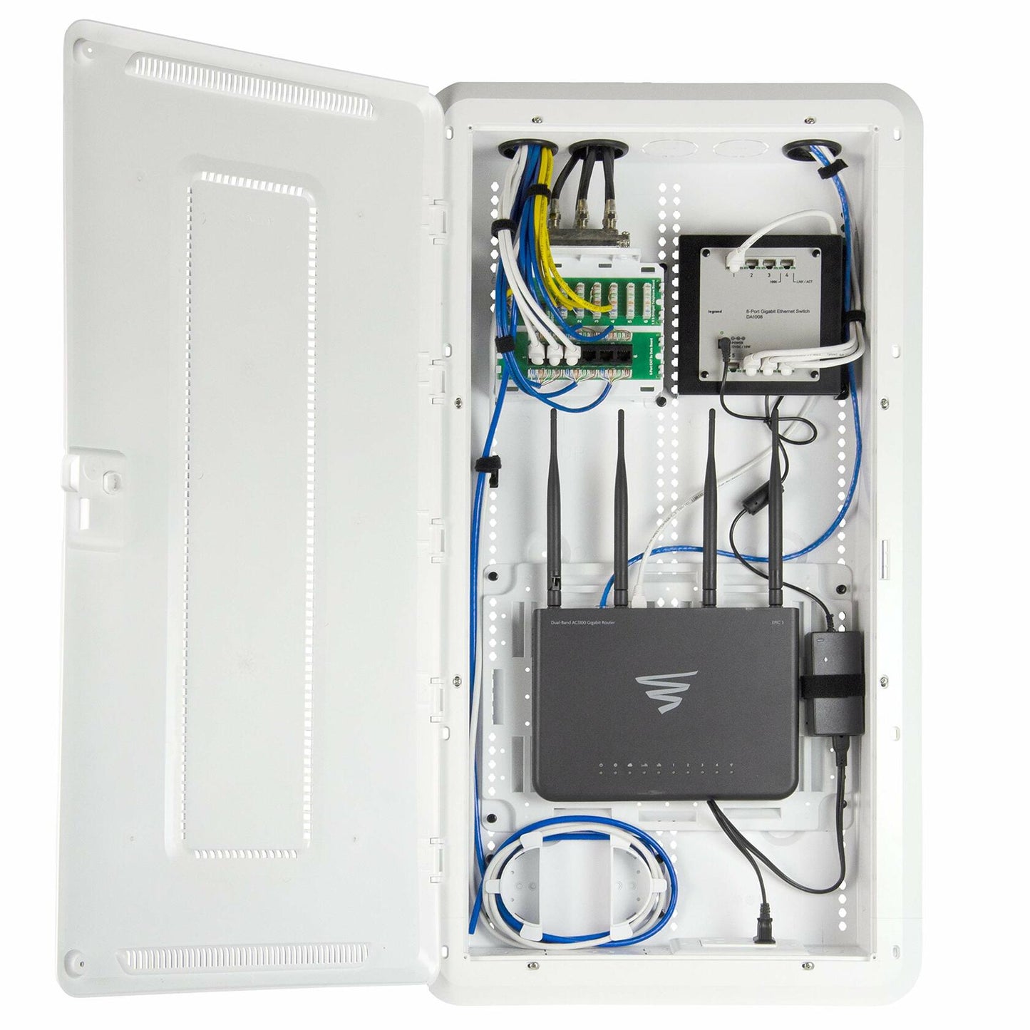 Legrand - On-Q 30 Inch Media Enclosure, WiFi Electrical Box, Cable Management Box for Distribution of Networking Service, Recessed Media Box Lets Signal Through, White, ENP3050NA
