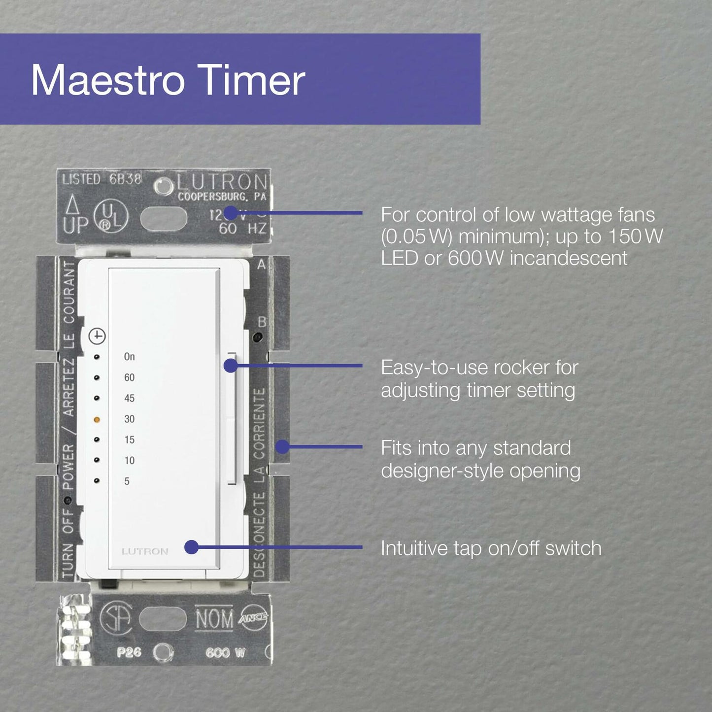 Lutron Maestro Countdown Timer Switch for Fans and Lights, 3A/150-Watt LED Bulbs, Single-Pole/Multi-Location | MA-T51MN-WH | White