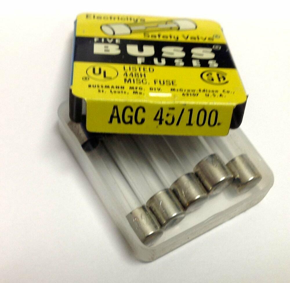Box of (5) Bussmann AGC 45/100 3AG 1/4" x 1-1/4" Fast acting Fuses