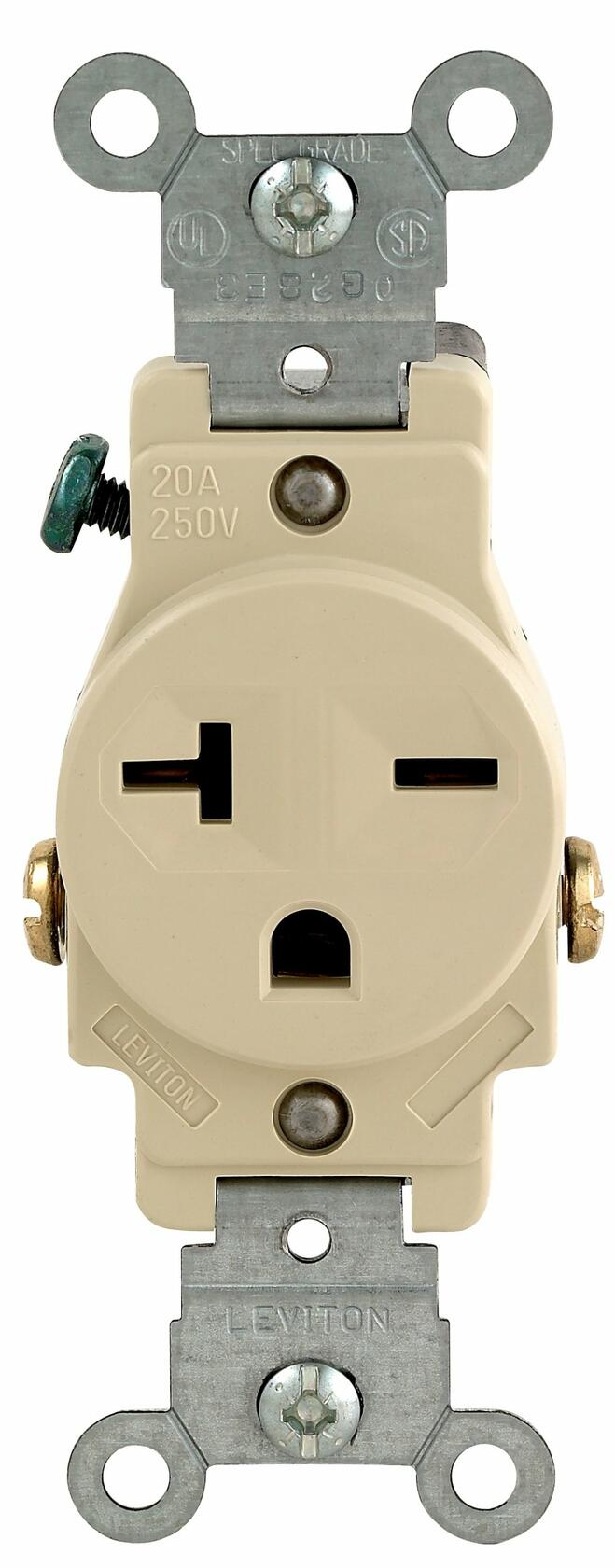 Leviton Single Receptacle, 125 Vac, 20 A, 2 Pole, 3 Wire, No Size, 106-5821-ISP, Brown