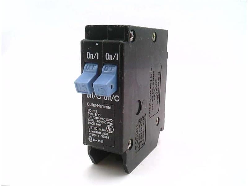 CUTLER HAMMER BD1515 10 KAIC, 120 VAC, 15/15 AMP, Circuit Breaker, Includes Rejection TAB Feature, Plug-ON, Single Pole, Thermal Magnetic, Type BD, Wire Size / #14-4 AWG CU/AL