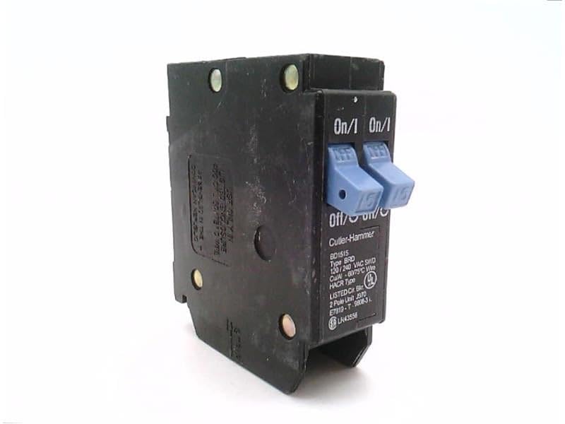 CUTLER HAMMER BD1515 10 KAIC, 120 VAC, 15/15 AMP, Circuit Breaker, Includes Rejection TAB Feature, Plug-ON, Single Pole, Thermal Magnetic, Type BD, Wire Size / #14-4 AWG CU/AL