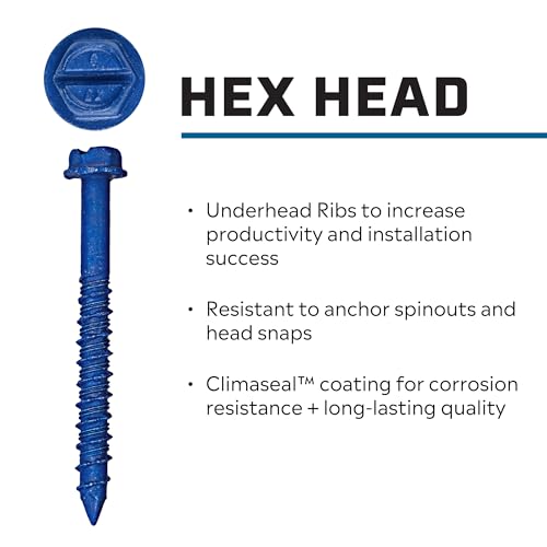 Tapcon 3/16 x 2-3/4 Inch Blue Climaseal Hex Head Concrete Anchors, 25 PCS, Corrosion Resistant Coating, Heavy-Duty Concrete and Masonry Screws, Superior Holding Strength, Drill Bit Sold Separately