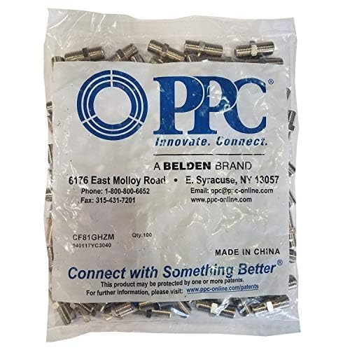 PPC F81 Splice Barrel Connectors CF81GHZM High Frequency 3GHz Belden Female to Female F-Type Coaxial Dual Female Splice Adapter Coupler (100) pcs Sealed Bag | Works with Wall Plates |