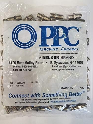 PPC F81 Splice Barrel Connectors CF81GHZM High Frequency 3GHz Belden Female to Female F-Type Coaxial Dual Female Splice Adapter Coupler (100) pcs Sealed Bag | Works with Wall Plates |