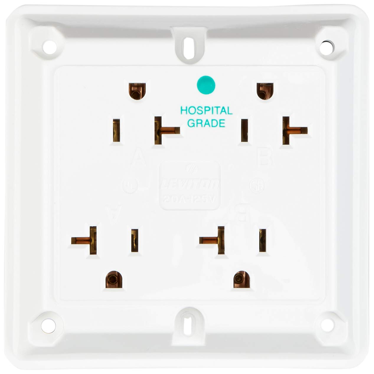 Leviton 21254-HW 20 Amp, 125 Volt, Industrial Series Extra Heavy Duty Hospital Grade, 4-in-1 Receptacle, Straight Blade, Grounding, White