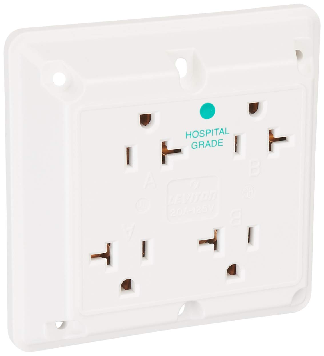 Leviton 21254-HW 20 Amp, 125 Volt, Industrial Series Extra Heavy Duty Hospital Grade, 4-in-1 Receptacle, Straight Blade, Grounding, White