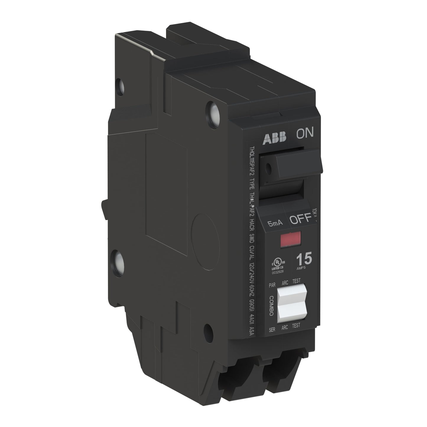 ABB Q-Line® THQL1115PAF2 Arc Fault Circuit Breaker • 15 Amp Single-Pole Breaker • AFCI Protection • 120/240 VAC • 10 kAIC Interrupt Rating • Plug-On Neutral Breaker for Load Centers
