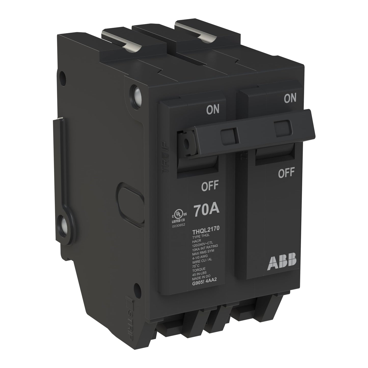 ABB Q-Line® THQL2170P Circuit Breaker • 70 Amp Double-Pole Breaker • 120/240 VAC • 10 kAIC Interrupt Rating • Thermal Magnetic Plug-On Breaker for Load Centers