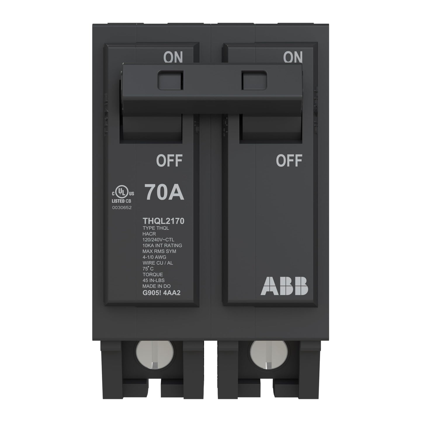 ABB Q-Line® THQL2170P Circuit Breaker • 70 Amp Double-Pole Breaker • 120/240 VAC • 10 kAIC Interrupt Rating • Thermal Magnetic Plug-On Breaker for Load Centers