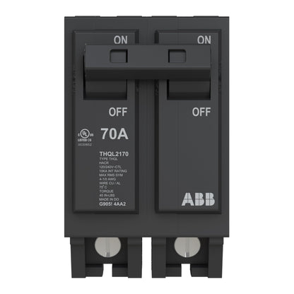 ABB Q-Line® THQL2170P Circuit Breaker • 70 Amp Double-Pole Breaker • 120/240 VAC • 10 kAIC Interrupt Rating • Thermal Magnetic Plug-On Breaker for Load Centers