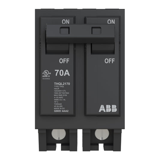 ABB Q-Line® THQL2170P Circuit Breaker • 70 Amp Double-Pole Breaker • 120/240 VAC • 10 kAIC Interrupt Rating • Thermal Magnetic Plug-On Breaker for Load Centers