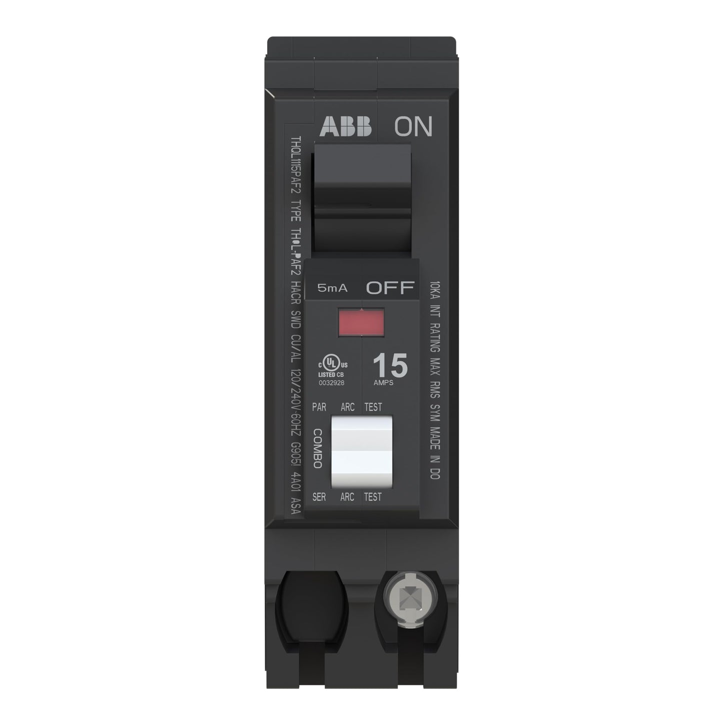 ABB Q-Line® THQL1115PAF2 Arc Fault Circuit Breaker • 15 Amp Single-Pole Breaker • AFCI Protection • 120/240 VAC • 10 kAIC Interrupt Rating • Plug-On Neutral Breaker for Load Centers