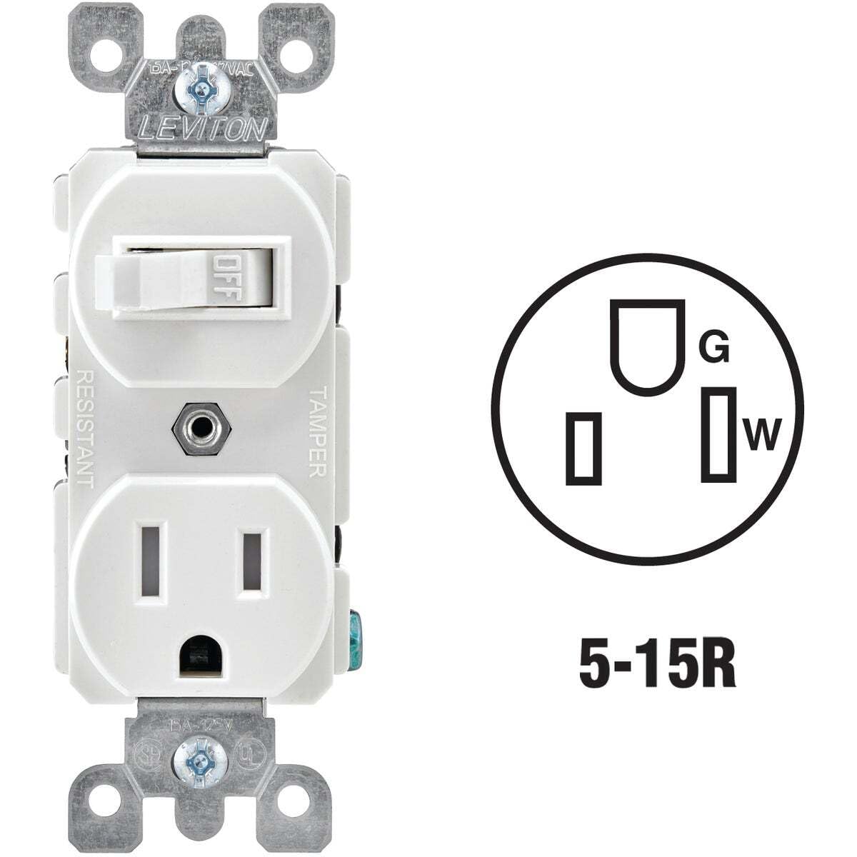 Leviton R62-T5225-0WS 15 Amp White Toggle Switch & Receptacle Combination