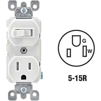 Leviton R62-T5225-0WS 15 Amp White Toggle Switch & Receptacle Combination