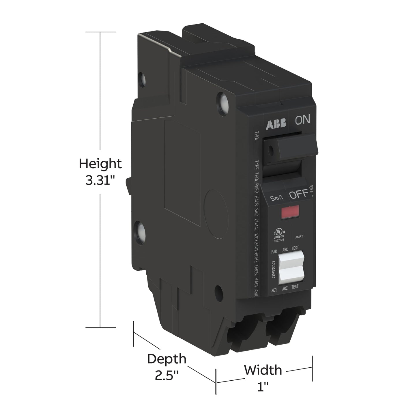 ABB Q-Line® THQL1115PAF2 Arc Fault Circuit Breaker • 15 Amp Single-Pole Breaker • AFCI Protection • 120/240 VAC • 10 kAIC Interrupt Rating • Plug-On Neutral Breaker for Load Centers