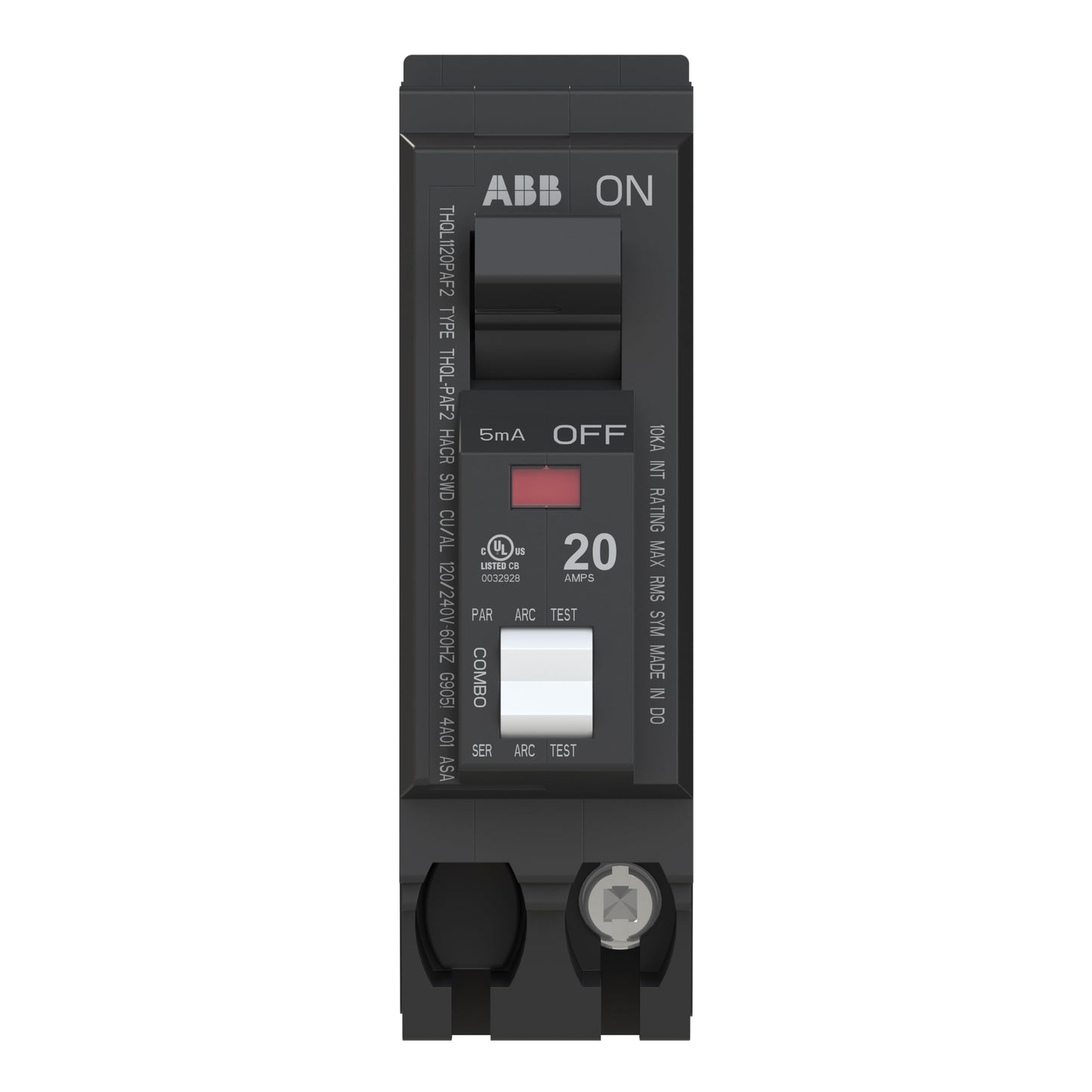 ABB Q-Line® THQL1120PAF2 Arc Fault Circuit Breaker • 20 Amp Single-Pole Breaker • AFCI Protection • 120/240 VAC • 10 kAIC Interrupt Rating • Plug-On Neutral Breaker for Load Centers