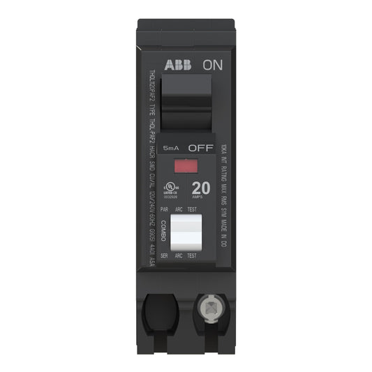 ABB Q-Line® THQL1120PAF2 Arc Fault Circuit Breaker • 20 Amp Single-Pole Breaker • AFCI Protection • 120/240 VAC • 10 kAIC Interrupt Rating • Plug-On Neutral Breaker for Load Centers
