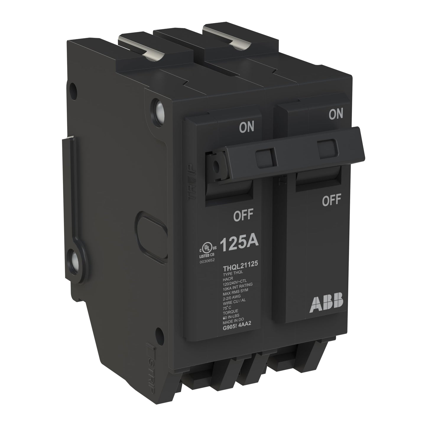 ABB Q-Line® THQL21125 Circuit Breaker • 125 Amp Double-Pole Breaker • 120/240 VAC • 10 kAIC Interrupt Rating • Thermal Magnetic Plug-On Breaker for Load Centers