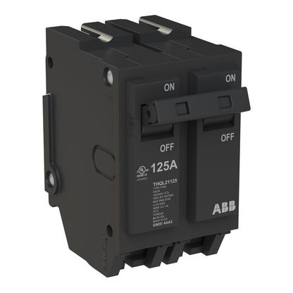 ABB Q-Line® THQL21125 Circuit Breaker • 125 Amp Double-Pole Breaker • 120/240 VAC • 10 kAIC Interrupt Rating • Thermal Magnetic Plug-On Breaker for Load Centers
