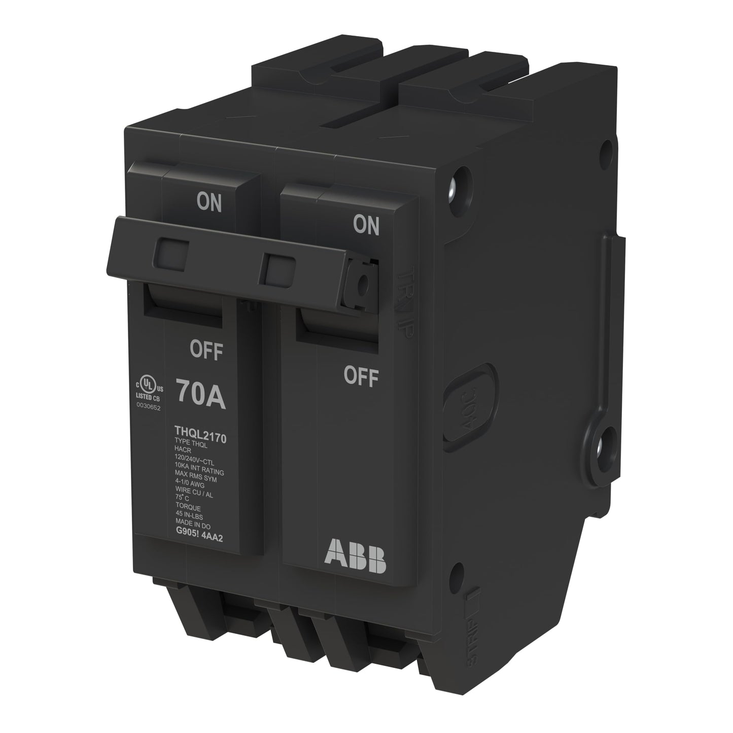 ABB Q-Line® THQL2170P Circuit Breaker • 70 Amp Double-Pole Breaker • 120/240 VAC • 10 kAIC Interrupt Rating • Thermal Magnetic Plug-On Breaker for Load Centers