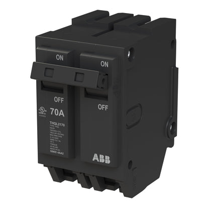 ABB Q-Line® THQL2170P Circuit Breaker • 70 Amp Double-Pole Breaker • 120/240 VAC • 10 kAIC Interrupt Rating • Thermal Magnetic Plug-On Breaker for Load Centers
