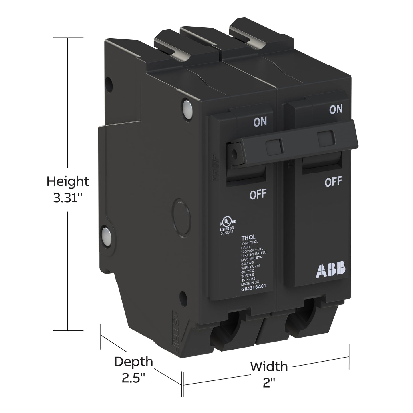 ABB Q-Line® THQL21125 Circuit Breaker • 125 Amp Double-Pole Breaker • 120/240 VAC • 10 kAIC Interrupt Rating • Thermal Magnetic Plug-On Breaker for Load Centers