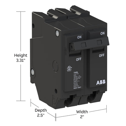 ABB Q-Line® THQL2170P Circuit Breaker • 70 Amp Double-Pole Breaker • 120/240 VAC • 10 kAIC Interrupt Rating • Thermal Magnetic Plug-On Breaker for Load Centers